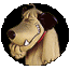 Pixelated cartoon dog head in circular frame, light brown fur with dark ears and red collar, mouth open showing teeth, hand near face.