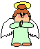 Pixelated angel figure with brown hair, yellow halo, white wings, light green dress, and orange shoes in two poses against gray background.