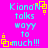 Pixelated cyan text on bright pink background with yellow square-and-dot symbols, repeating 'KionaN talks wayy to much!!!' across four identical
