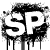 Black and white pixelated icon with stylized 'GP' letters, dripping ink effect on lower edges, abstract background shapes.