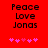 Red background with black pixelated text reading Peace Love Jonas and five pink heart symbols below, two versions of the same design side-by-side.