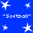 Blue background with white star shapes and "Softball" text in pixelated font, arranged in a pattern