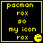 Four identical black square with yellow borders display pixelated text and a Pac-Man icon, each containing the same content