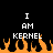 Pixelated text 'I AM KERNEL' appears above orange flames on a black background, with identical static frames shown side-by-side.