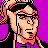 Pixelated 48x48 static icon of a character with peach skin, black hair tied back in a ponytail, and glasses against a solid purple background.