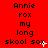 Red background with black text reading "Annie rox my long skool sox" arranged in three , some letters have white pixel artifacts