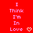 A 3x3 contact sheet of a red animated buddy icon showing the phrase "I Think I'm In Love" with pixelated heart and arrow symbols changing across frames.