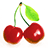 Two red cherries with green stems and a leaf on a white background, with text below reading 'hate cherries! :P' on a red background.