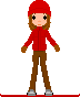 Pixelated cartoon girl in red jacket and brown pants standing on a snowboard, showing multiple poses with varying arm positions.