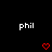 Black background with repeated white 'phil' text and red pixelated heart and chevron symbols in a