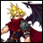 Pixelated anime-style character with spiky yellow hair and red cape standing beside black text on a dark background, part of an animated contact sheet.