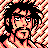 Pixelated 48x48 static buddy icon featuring a stylized character with spiky black hair, peach skin tones, and red accents against a checkered background.