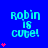 Blue background with cyan text 'robin is cute!' repeated in a , pink hearts appear in from left to right across frames