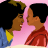 Two people face each other against a pink background; one wears blue with yellow trim, the other red. The image cycles through four states showing subtle facial and head position changes.