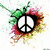 A peace symbol with colorful paint splatters on a white background, a heart drawn in sand with 'LOVE' inside, and a yellow emoji with wide eyes and a large open mouth.