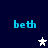 Four instances of the text 'beth' in cyan pixelated font surround two star-shaped icons on a dark blue background.