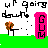 Pixel art icon with green ground, black stick figure holding brown-orange tree-like object, pink vertical rectangle with 'GUM' text, and abstract black shapes above.