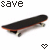 A static image of a black skateboard with orange edges and white wheels, surrounded by text elements including 'save', 'a', 'board', 'ride', 'skater' and pixelated heart symbols.