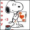 Snoopy cartoon dog holding a heart-themed card with paw prints, standing next to a paint can, with vertical 'SNOOPY' text on the left.