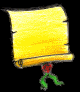 Yellow scroll with red seal and green ribbon, shown in three states: unrolled top-left, rolled right-top, and tightly rolled bottom-left against black background.