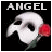 A white mask with black eye holes and a red rose on the right side, set against a black background. The text "ANGEL OF MUSIC" appears in varying colors across four