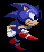 Pixelated Sonic the Hedgehog character in running poses with red shoes, white gloves, and blue fur against black background.