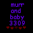 Purple pixelated text 'murt and boby 3309' on black background with red star-like symbols below, two identical frames side-by-side.