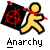 Pixelated static icon showing a yellow stick figure running while holding a black flag with red anarchy symbol, below which is the word "Anarchy" in pixelated text.