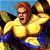 Pixelated image of a muscular figure in yellow and blue attire with raised arms against a green background featuring 'OriginalIcons.com' text.