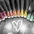 Animated icon with a heart outline on a metallic surface, surrounded by a colorful floral border and dark vertical stripes.