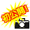 Two pixelated frames of an animated camera icon with explosion effects, left frame showing bright yellow-orange burst and right frame showing red-green smoke trail against gray background.