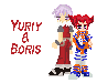 Pixel art of two characters standing side-by-side with red and purple hair, red eyes, and blue-and-white striped pants, with text labels appearing and disappearing around them.