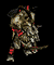 Animated pixel art of a creature with brown and gray fur, red accents on limbs, and glowing red eyes against black background.