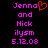 Pixelated text displays 'Jenna and Nick' with a red heart symbol replacing the 'o' in Jenna, followed by 'ilysm 5.12.08' on black background.