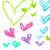 A static image of multiple heart-shaped icons in various colors and styles, including green outline hearts with small birds, pink solid hearts, blue gradient hearts, purple outlined hearts, teal butterfly shapes, and a large red scribbled heart.