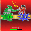 Pixel art image of two characters facing each other with 'VS' above, green character labeled Flab on left and red character labeled Jim on right against a gradient background.