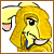 Pixelated yellow cartoon character with long hair, one visible eye, and a blue mouth detail against white background.