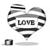 A heart-shaped icon with striped patterns and the word 'LOVE' in the center, rendered in grayscale pixels.
