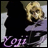 Pixelated image of a blonde character in purple clothing with text elements on black background.