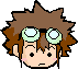 Pixel art character with brown spiky hair and green goggles on forehead, showing multiple facial expressions across a