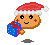 Pixel art contact sheet of a Santa-hatted cookie character holding a blue gift box across five animated frames with varying expressions and shadows.