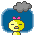 Pixel art contact sheet showing two frames of an animated AIM buddy icon with a yellow character under storm clouds, one frame calm and the other with lightning strikes.