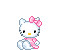 Pixelated white cat with pink bow and heart-shaped prop, surrounded by scattered pink hearts on gray background.