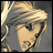 A 48x48 pixel buddy icon featuring a split composition with an anime-style character on the left and text elements on the right against a black background.