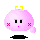 Pixelated pink character with yellow bow, black shadow base, and red X cheeks in six variations showing facial expressions and a floating bubble.