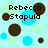 Pixelated image with light blue background, brown and cyan circles, and black text reading "Rebecca Stapula" and "motormouth in the house".