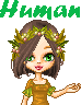nine identical cartoon-style female figures with brown hair, green eyes, and a floral crown, each wearing a brown dress with green sleeves, positioned against a gray background with green 'Human' text above