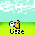 Pixelated cartoon character with large white eyes and yellow beak-like mouth against light blue sky and green ground, labeled 'Gaze' below.