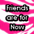 Pink and white zebra-stripe background with black-outlined text blocks reading 'Friends are for Now', 'Bestfriends are Forever', 'Boyfriends are for Later' in pixelated font.
