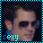 A 3x3 contact sheet of an animated AIM buddy icon featuring a man with dark hair and sunglasses, each frame displaying the word "sexy" in cyan text at bottom left.